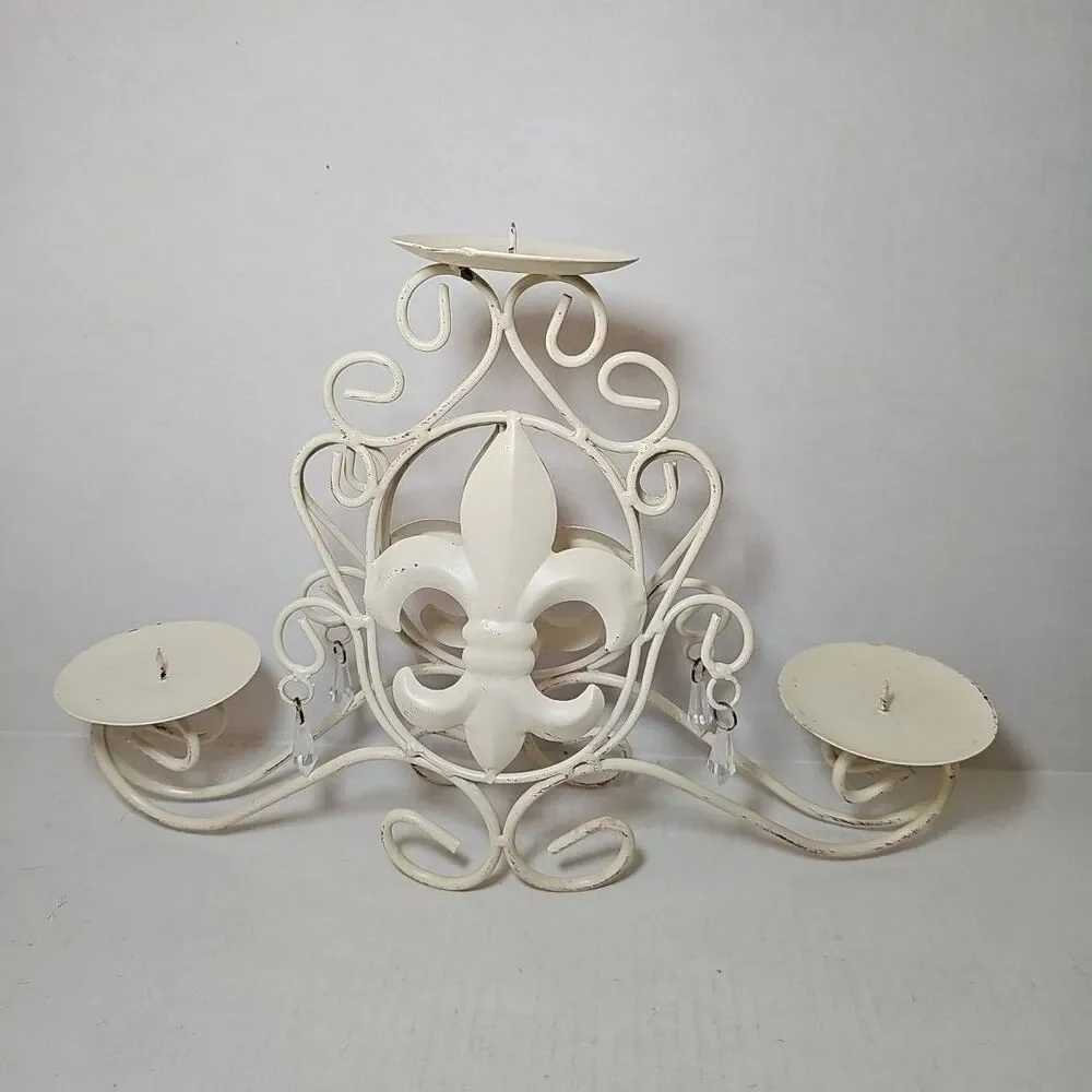 Shabby Chic Cream Metal Candle Holder Tear Drop Fleur de Lis Wedding Centerpiece